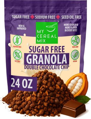 MyCerealMix Sugar Free Granola - Double Chocolate Chip Sugar-Free Chocolatey Cereal for Breakfast Plant-Based, Non-GMO, No Hidden Sugars, Made with Real Chocolate 24oz