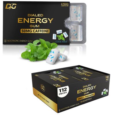 Dialed Energy Caffeine Gum 112pc 50mg Caffeine Sugar Free Gum with L-theanine Taurine Vitamins B6 B12 Aspartame Free, 0 Calories Nootropic Energy - Xylitol Gum Cool Mint