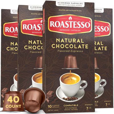 Roastesso, Aluminum Espresso Capsules, Natural Chocolate Flavored Coffee, Compatible with Nespresso Original Machines, Medium Roast Intensity 9, Recyclable Coffee Pods, Packed in USA 40 Count
