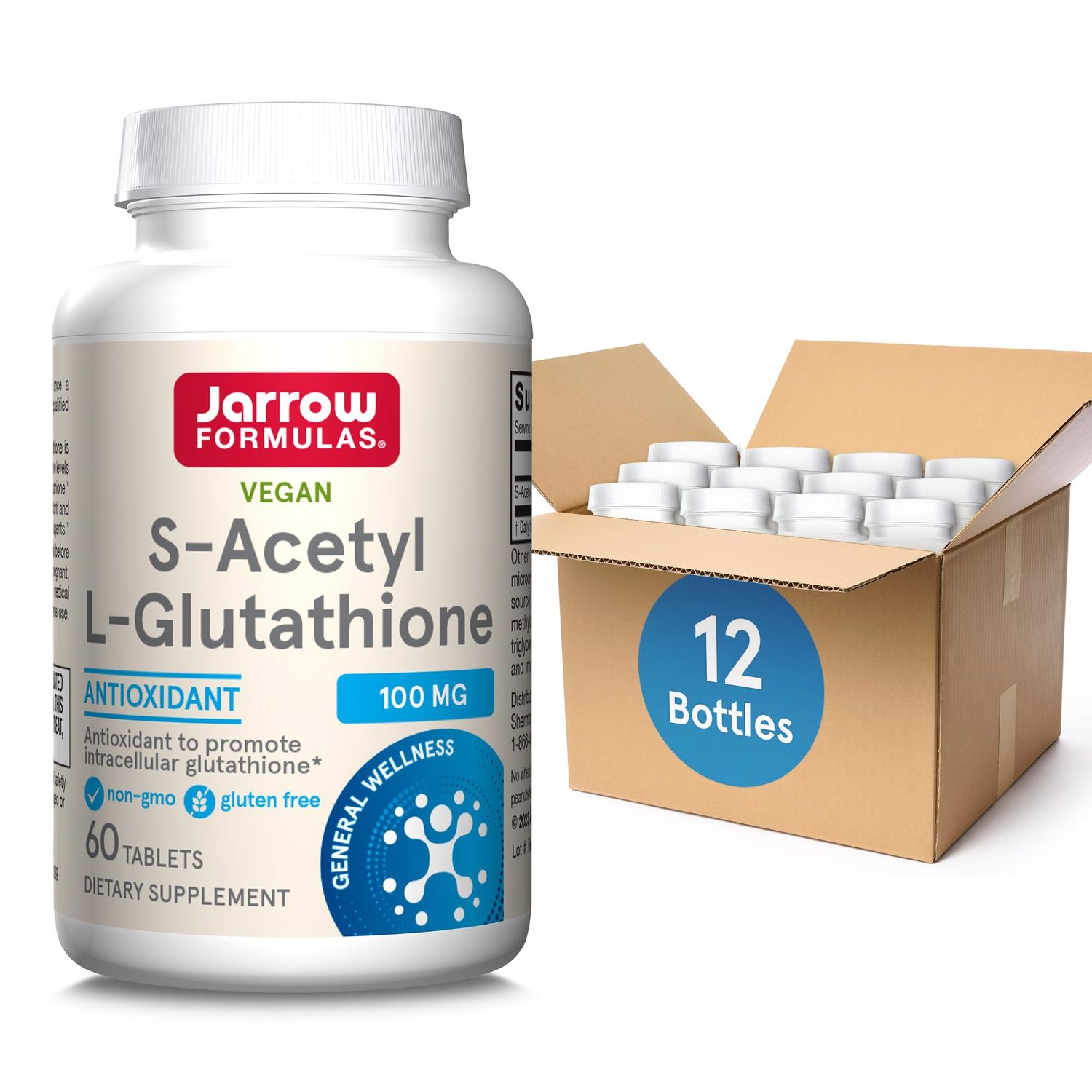 Jarrow Formulas S-Acetyl L-Glutathione Tablets - 100 mg - 60 Count - Dietary Supplement - Stable Form of L-Glutathione - for Antioxidant Support and Detoxification - Non-GMO - Gluten Free, Pack of 12