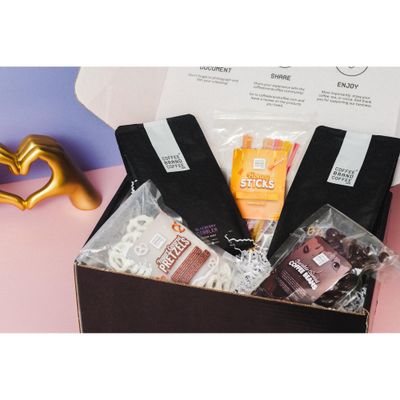 Mothers Day Coffee Gift Box Coffee Brand Coffee - 003 Medium Roast, Blueberry Cobbler Ground Coffee, Yogurt-Covered Pretzels, Universal K-Cup Adapter, Honey Sticks, and Chocolate-Covered Coffee Beans