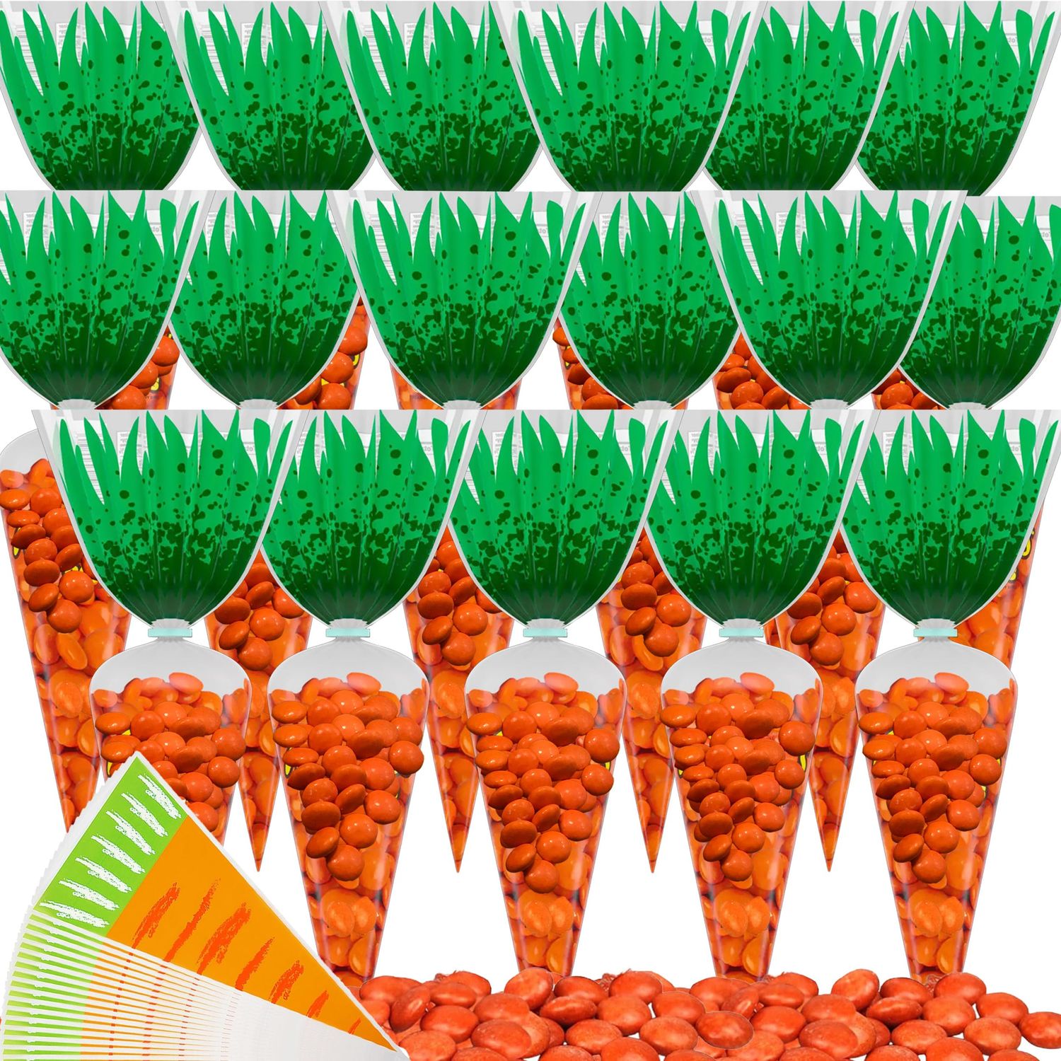 Reeces Pieces Carrot Easter Candy, 20 Pack Carrot Shaped Treat Gift Bags with Reeces Pieces Orange Peanut Butter Chocolate Candy, Kids Goody Bag