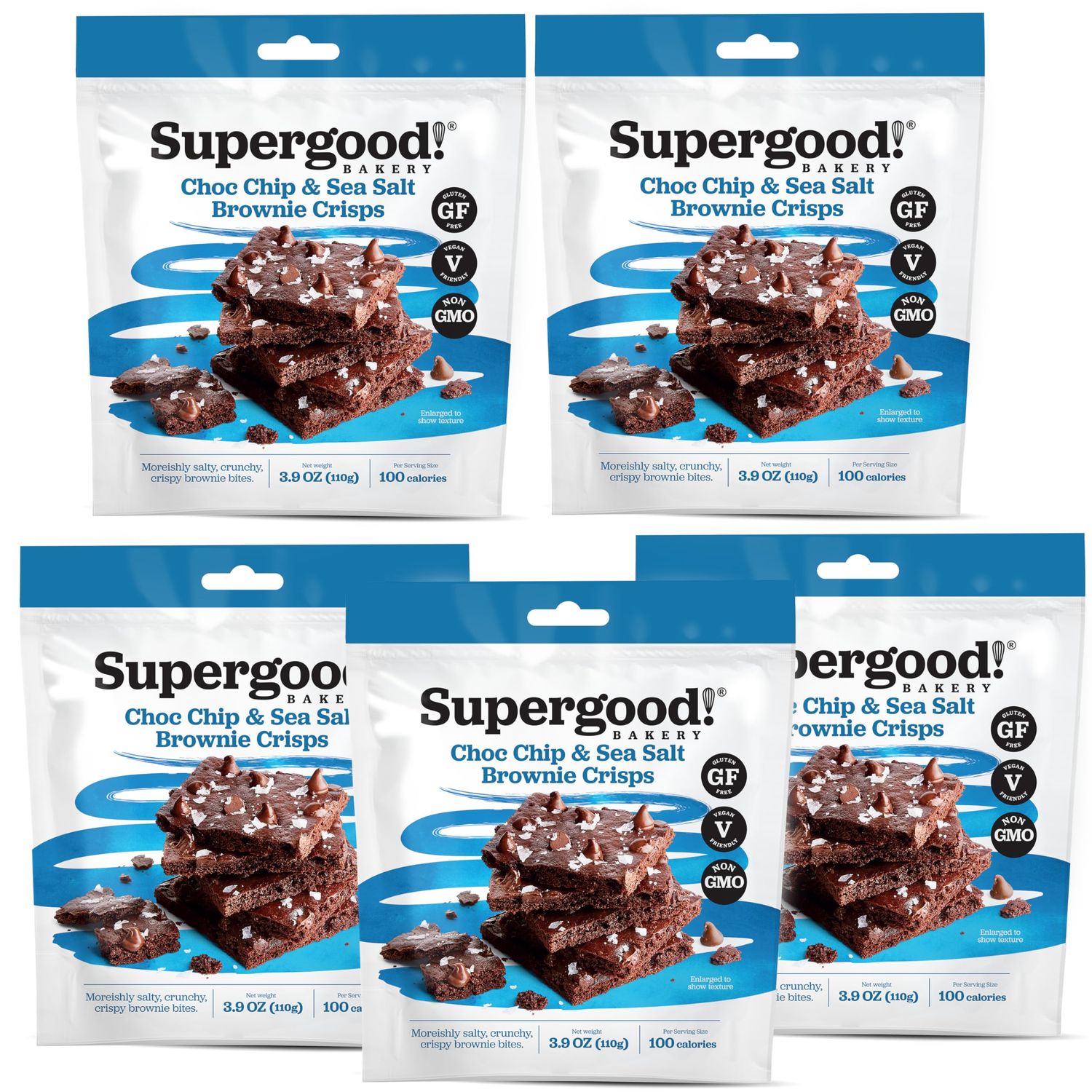 SUPERGOOD BAKERY Vegan Chocolate Brownie Crisps, Double Choc Chip Sea Salt 3.9oz Pack of 5, Vegan Gluten Free Brownies Thins, Dairy Free Chocolate Wafers, Healthy Snacks Vegan Brownies