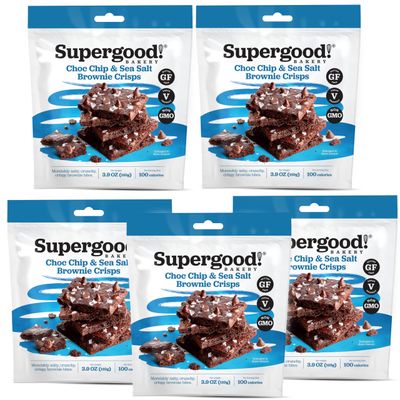 SUPERGOOD BAKERY Vegan Chocolate Brownie Crisps, Double Choc Chip Sea Salt 3.9oz Pack of 5, Vegan Gluten Free Brownies Thins, Dairy Free Chocolate Wafers, Healthy Snacks Vegan Brownies
