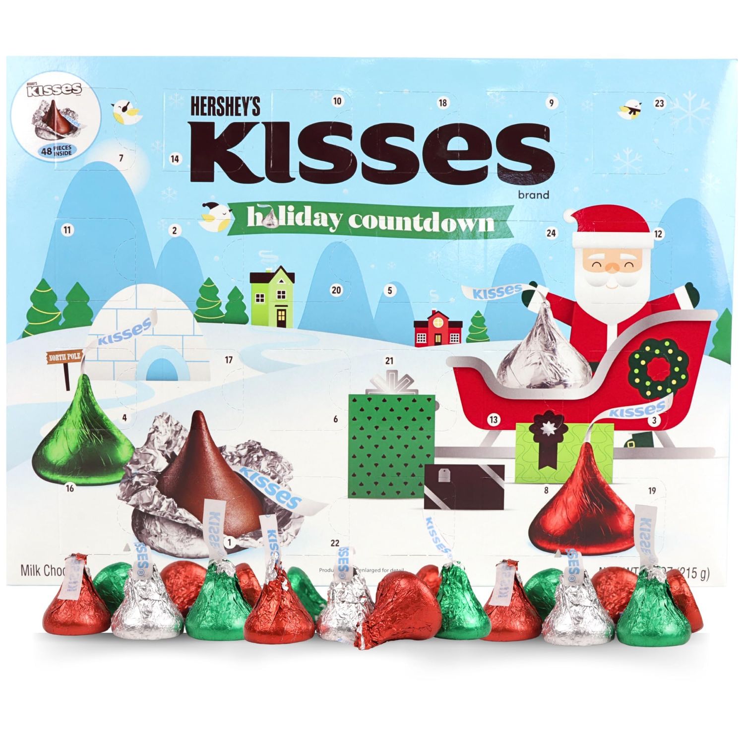 Hershey Kisses Chocolate Advent Calendar, 2024 Countdown to Christmas with 48 Pieces of Individually Wrapped Candy, 24 Days, 7.6 Ounces