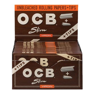 24pc Disp- OCB Virgin Unbleached Papers Tips - 32pk Slim