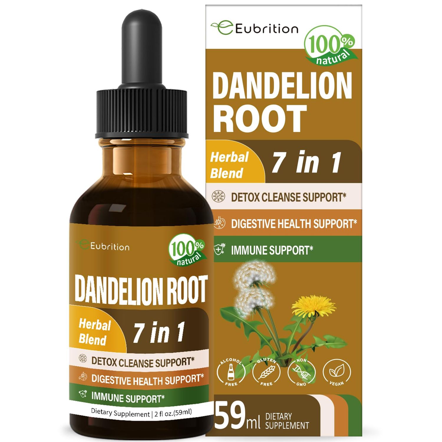 Eubrition Dandelion Root Extract Drops, Diente de Leon Organico Hierba, Dandelion Supplement Formula wMilk Thistle Turmeric for Detox Cleanse, Digestion Immune Support, Alcohol-Free Tincture. 2oz