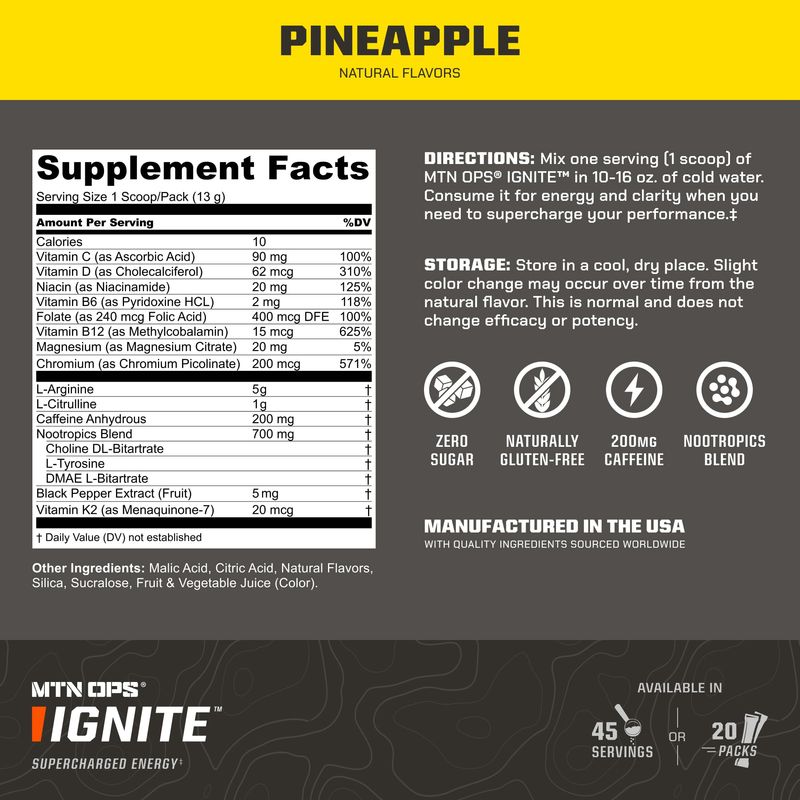 MTN OPS Ignite Supercharged Energy Drink Mix 45-Serving Tub, Pineapple Crush