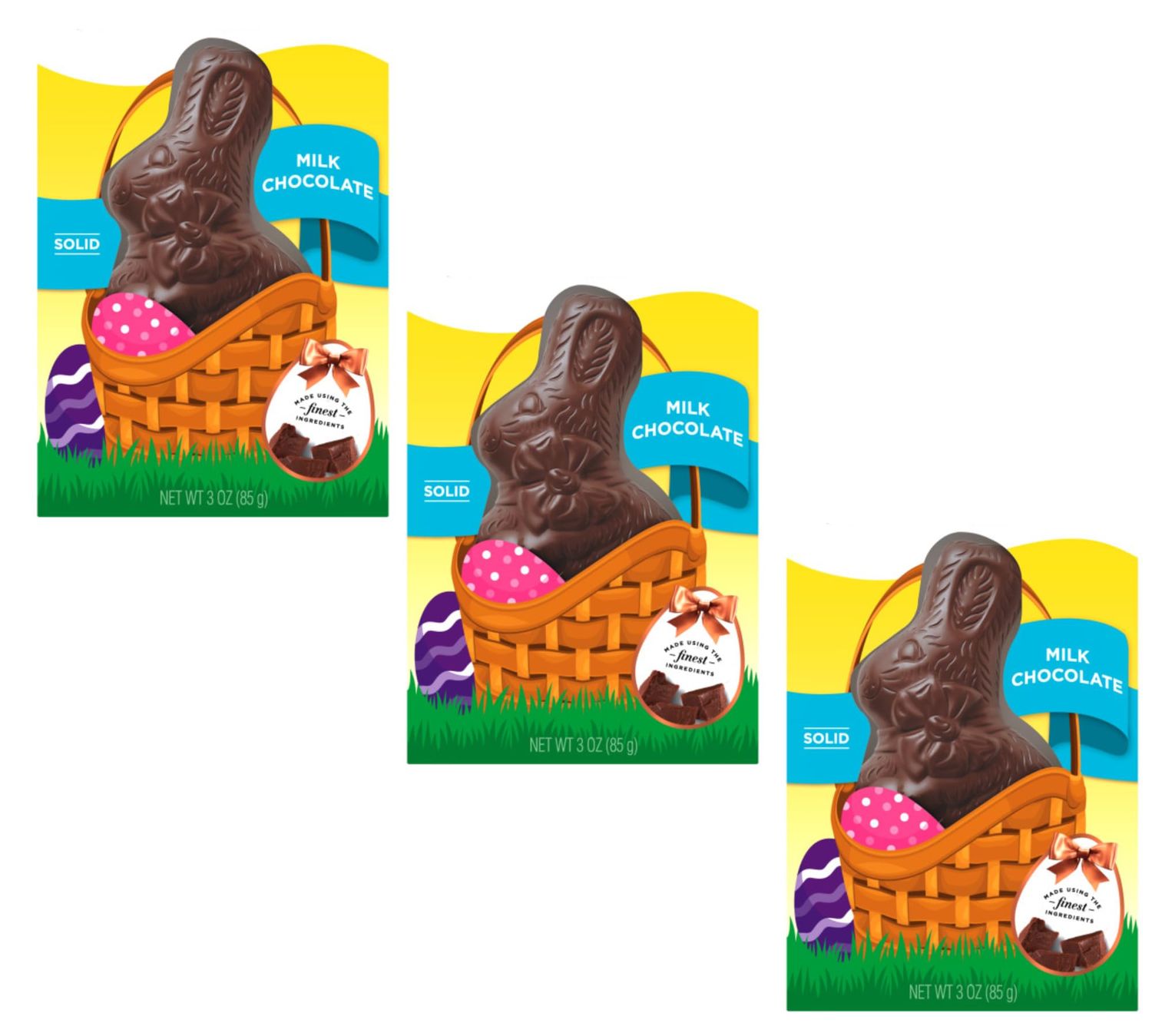 Milk Chocolate Bunnies - Pack of 3 - Solid Milk Chocolate - Smiling Sweets - Perfect for Easter Baskets or Sharing with Friends and Family - Tasty Traditions