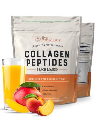 Live Conscious Collagen Peptides Powder - Peach Mango Flavored Collagen Powder - Hair, Skin, Nail, Joint Support - Type I III Grass-Fed Collagen Supplements for Women and Men - 30 Serving - 12.4oz