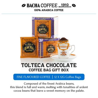 Bacha Coffee Tolteca Chocolate Fine Flavoured, Medium Roast, 12 12g Individually Wrapped 100 Arabica Single Serve Filter Bags