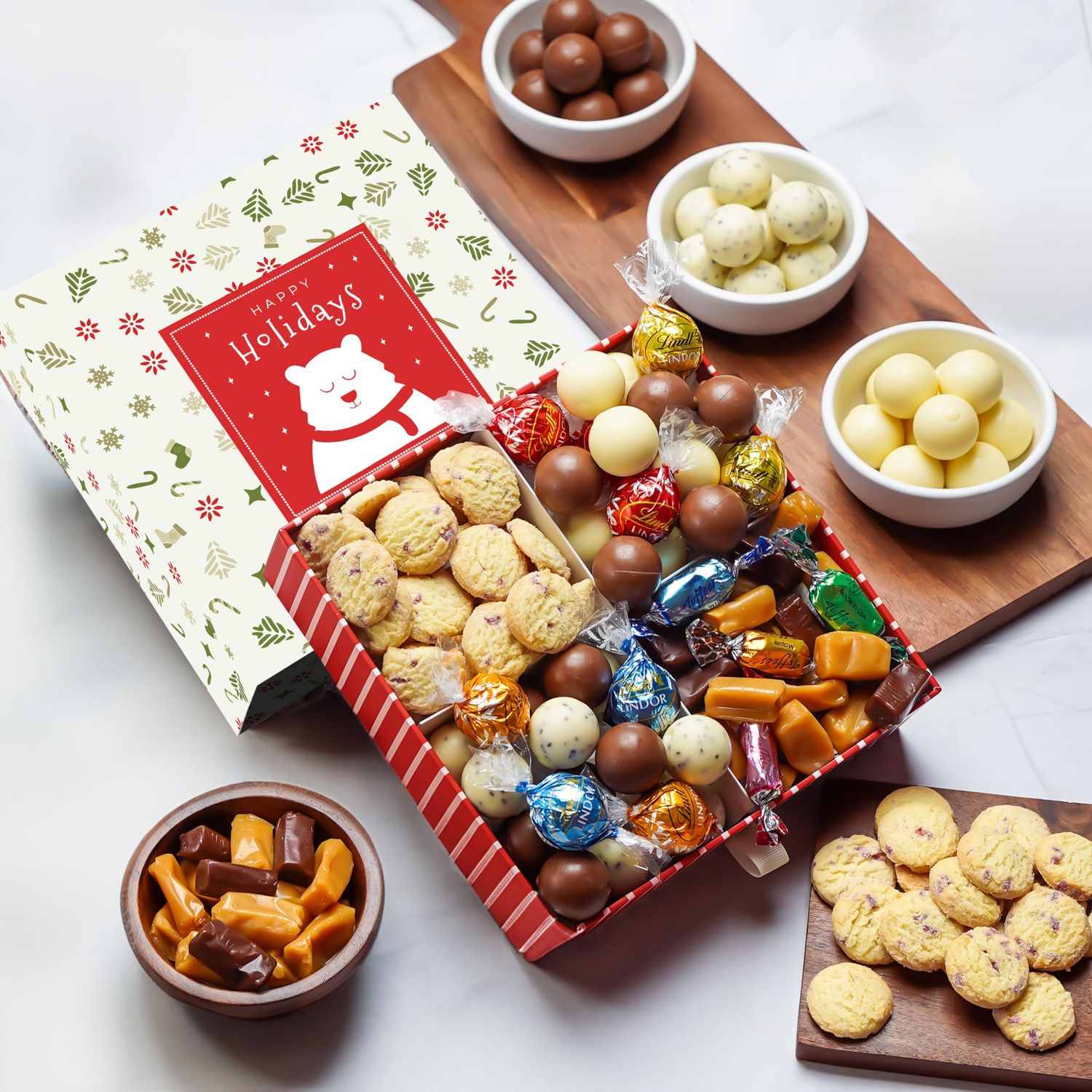 Broadway Basketeers Holiday Chocolate Gift Basket Share Your Christmas Season Greetings with a Decorative Reusable Gift Filled with Chocolates Sweets Perfect for Mom Dad Friends Business Gifts