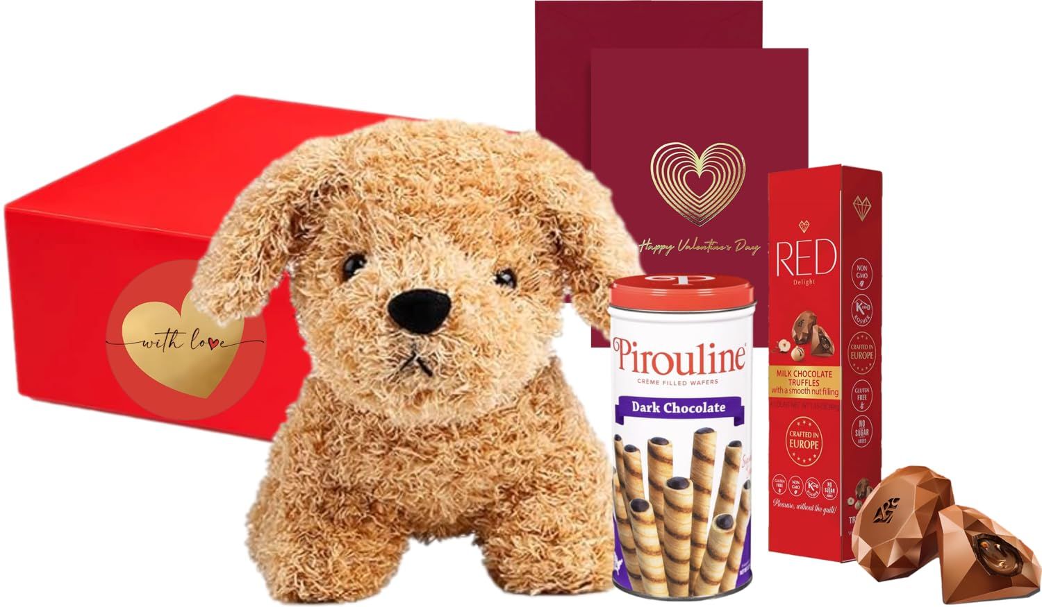 Gift Box Set with Plush Puppy, Pirouline Wafers, Chocolate Truffles, Gold Foil Card