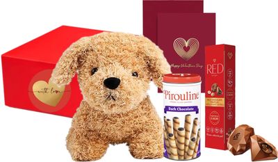 Gift Box Set with Plush Puppy, Pirouline Wafers, Chocolate Truffles, Gold Foil Card