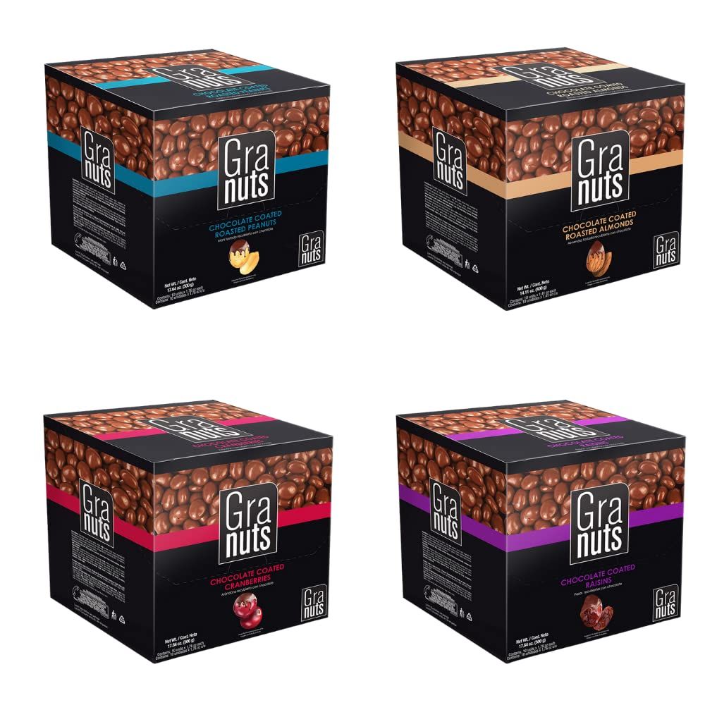 Granuts Chocolate Coated Variety 1 Roasted Peanuts, 1 Roasted Almonds, 1 Coated Raisins, 1 Coated cranberries On-the-Go Snack Real Chocolate 1.76 Oz 10 Inner Packs Pack of 4