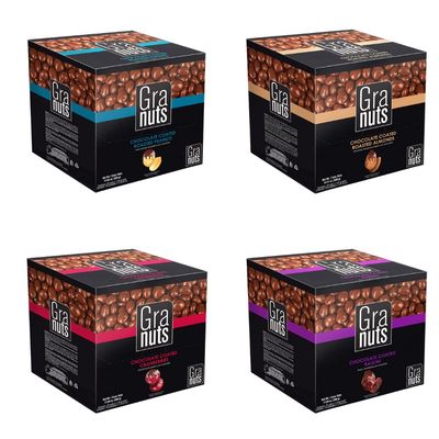 Granuts Chocolate Coated Variety 1 Roasted Peanuts, 1 Roasted Almonds, 1 Coated Raisins, 1 Coated cranberries On-the-Go Snack Real Chocolate 1.76 Oz 10 Inner Packs Pack of 4