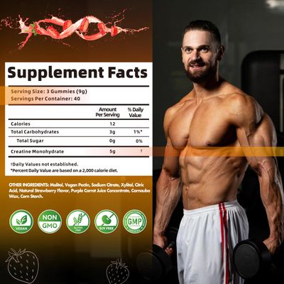 Nutravita Creatine Monohydrate Gummies for Men Women-5g of Creatine Monohydrate per Serving - Sugar Free,Vegan, Strawberry Flavor, 120 Count