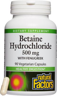 Natural Factors, Betaine HCL 500 mg, Supports Healthy Digestion and a Healthy Microbiome, 90 capsules 90 servings