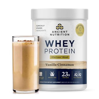 Ancient Nutrition Grass Fed Whey Protein  Fat Loss Blend, Vanilla Cinnamon, 23g Protein, Promotes Fat Loss and Boost Metabolism, Organic Regenerative A2/A2 Milk Protein,18 Servings