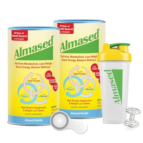 Almased Meal Replacement Shakes for Weight Loss - Protein Powder - Starter Kit Almond Vanilla Flavor, 2 Cans of 17.6 oz Shaker Bottle Scoop