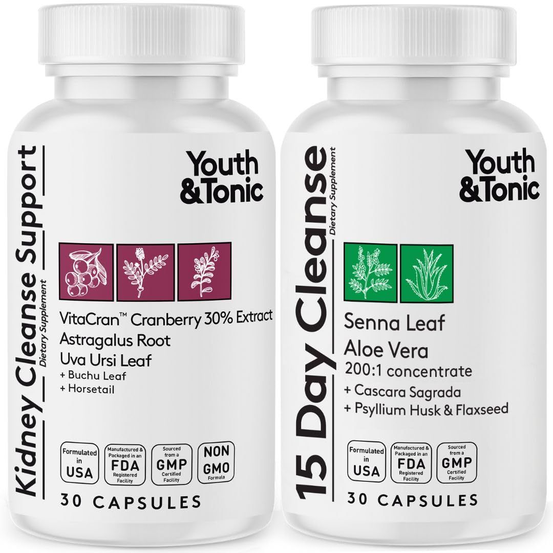 Youth Tonic 15 Day Colon Kidney Cleanse - Full Body Detox Pills for Bloating, Gut, Bladder, Urinary Tract Kidney Flush Support - Senna Cranberry Herbal Supplement, 60 Pills for Men Women