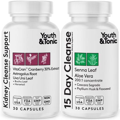 Youth Tonic 15 Day Colon Kidney Cleanse - Full Body Detox Pills for Bloating, Gut, Bladder, Urinary Tract Kidney Flush Support - Senna Cranberry Herbal Supplement, 60 Pills for Men Women