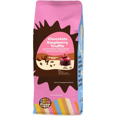 Crazy Cups Flavored Ground Chocolate Coffee, Chocolate Raspberry Coffee in 10 oz Bag, For Brewing Flavored Hot or Iced Coffee