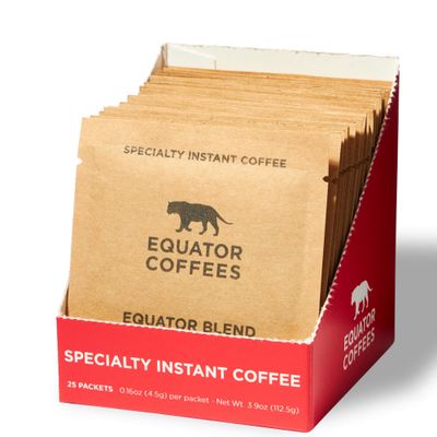 Equator Coffees, Specialty Instant Coffee Equator Blend, Medium Dark Roast, Fresh Roasted, Smooth Chocolate Nutmeg Flavor Notes, Sustainable, 25 Pack Box