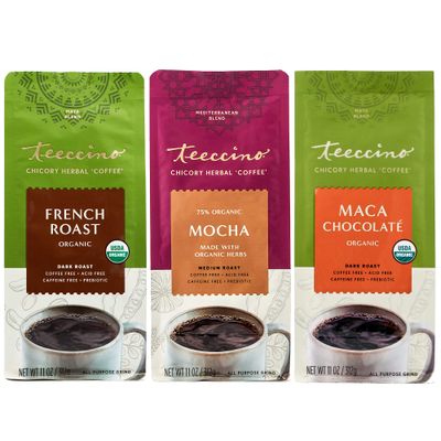 Teeccino Herbal Coffee Variety Pack - Mocha, French Roast, Maca Chocolat - Ground Herbal Coffee That s Prebiotic, Caffeine-Free Acid Free, Medium Roast, 11 Ounce Pack of 3
