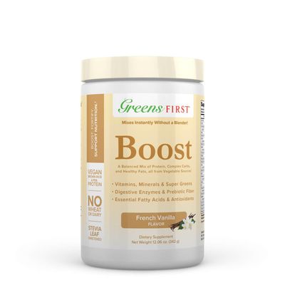 Greens First Boost - Plant-Based Protein &amp; Balanced Nutrition - Superfood Shake Mix - No Wheat or Soy - Dairy-Free - Vegan - French Vanilla, 12.06 oz.