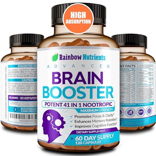 40-in-1 Brain Booster Supplements for Memory, Focus, Clarity, Energy, Performance Natural Nootropic Brain Support Supplement with DMAE, Bacopa Monnieri More For Men Women 120 V Capsules