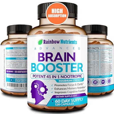 40-in-1 Brain Booster Supplements for Memory, Focus, Clarity, Energy, Performance Natural Nootropic Brain Support Supplement with DMAE, Bacopa Monnieri More For Men Women 120 V Capsules
