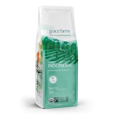 Grace Farms, Organic Ground Coffee, Single Origin Indonesia Dark Roast, 12oz Bag, 1 Count Notes of Dark Chocolate Cinnamon Gives Back 100 of Profits
