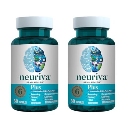 NEURIVA Plus Brain Supplement for Memory, Focus Concentration Cognitive Function with Clinically Tested Nootropics Phosphatidylserine and Neurofactor, VIT B6 B12, 30 Count Capsules 2 Pack