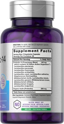 Horbaach Probiotic for Women and Men 60 Capsules 14 Strains with Prebiotic 50 Billion Active Organisms Non-GMO Gluten Free Supplement
