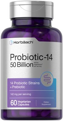 Horbaach Probiotic for Women and Men 60 Capsules 14 Strains with Prebiotic 50 Billion Active Organisms Non-GMO Gluten Free Supplement