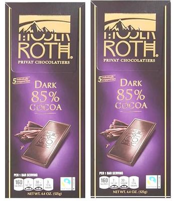 Roth Moser 85 Dark German European Cacao 4.4oz Bar, Individually Wrapped Dark Chocolate Squares, Low Carb Snack Keto Friendly Desert Food Sweets 2 Pack