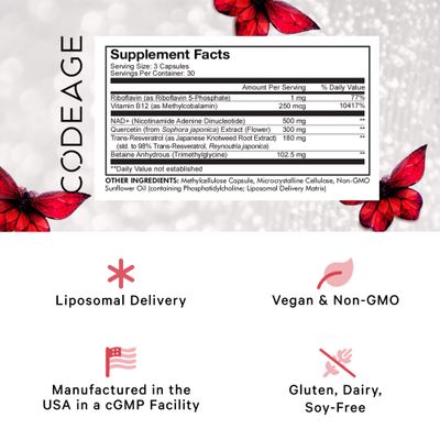 Codeage Liposomal NAD with Resveratrol Vitamin B - NAD Plus Ultra for Energy Healthy Aging Support - NAD Vitamin Supplement with Quercetin, Betaine, Riboflavin - Bioavailable - 90 Capsules