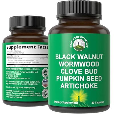 Wormwood Black Walnut Clove Cleanse for Humans. Elimination Detox Intestinal Support Capsules Supplement for Adults and Kids. Pills with Artichoke and Pumpkin Seed for Additional Benefits