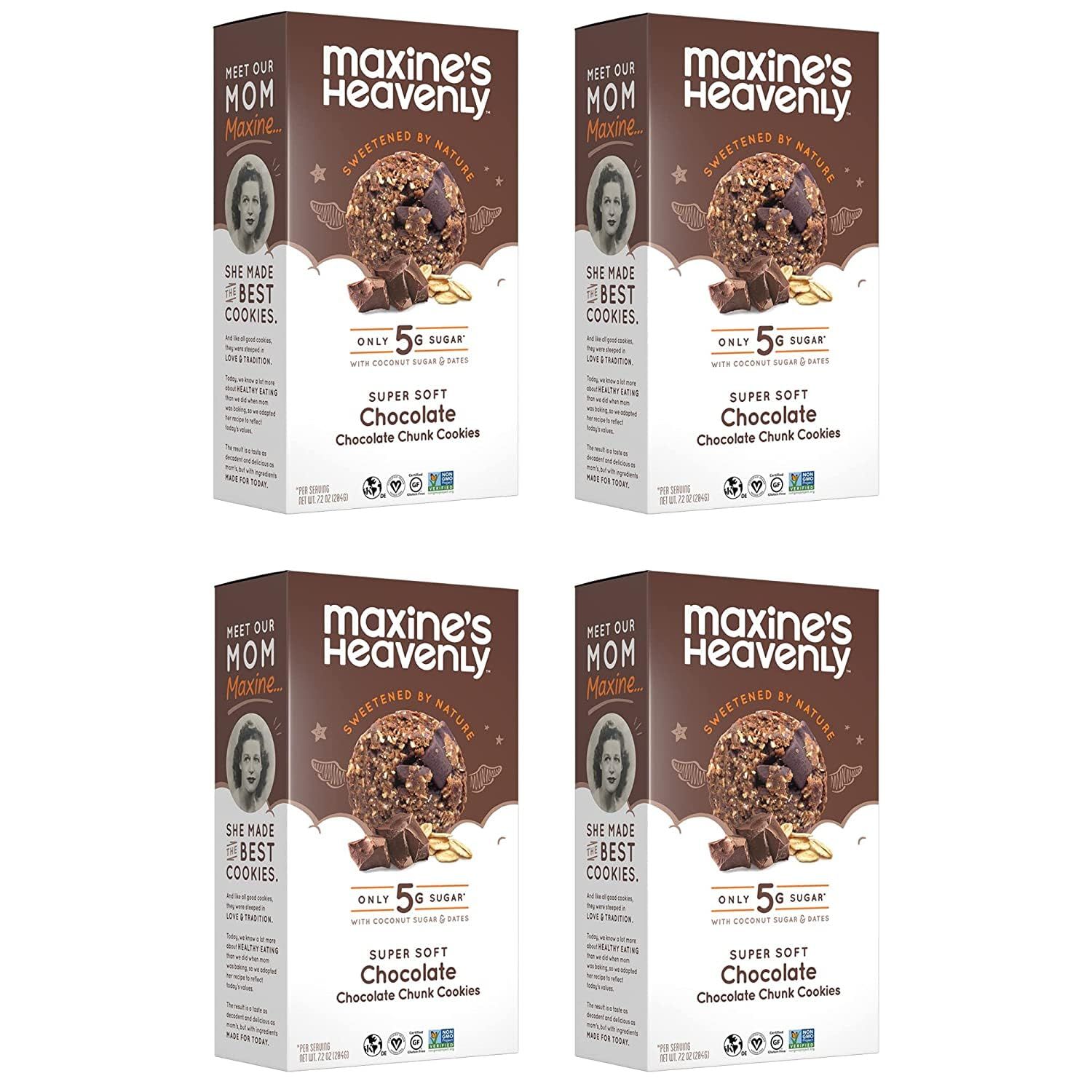Maxine&#39;s Heavenly Chocolate Chunk Cookies  Gluten Free Chocolate Chip Cookies Made with Oats and Sweetened with Coconut Sugar &amp; Dates  Tasty Low Sugar Vegan Dessert  7.2 Ounces Each (4 pack)