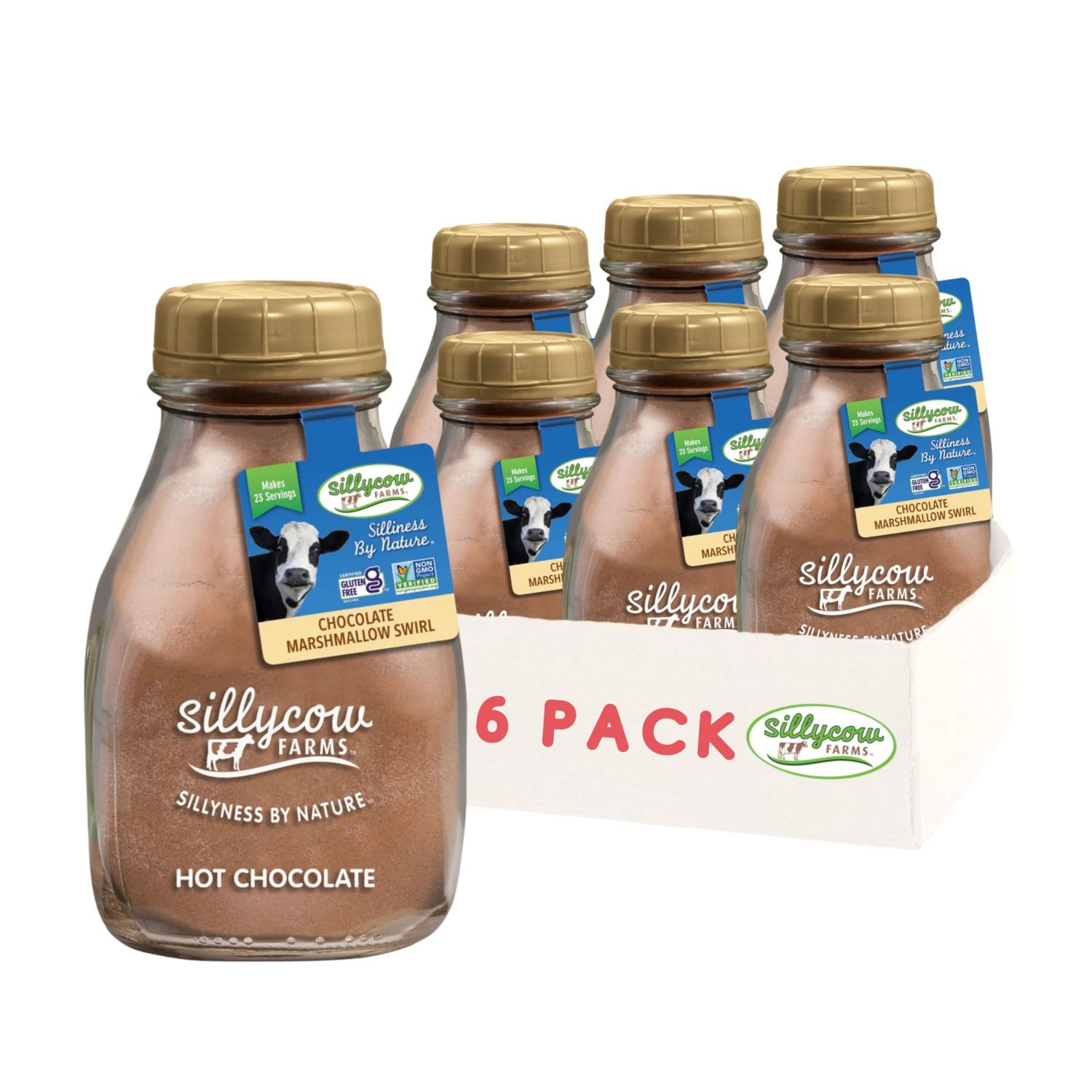 Sillycow Farms Marshmallow Swirl Hot Chocolate Gluten-Free Non-GMO Hot Cocoa Mix with Dutch Processed Cocoa Powder Made with Real Ingredients 16.9 oz Glass Bottle Pack of 6