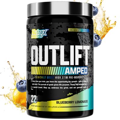 OUTLIFT Amped Max Dosed HIGH STIM Pre Workout Powder, 6G Citrulline, 3.2G Beta Alanine, Alpha GPC, CognatiQ, Extreme Energy, Massive Pumps, Electrolytes, Nootropics Blueberry Lemonade - 22 Serv