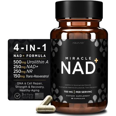 AQUAAID Miracle NAD with Urolithin A Supplement, Nicotinamide Riboside NR, NAD, Trans Resveratrol for Men and Women - Healthy-Aging, Cellular Energy Repair - 3rd Party Tested - 60 Capsules