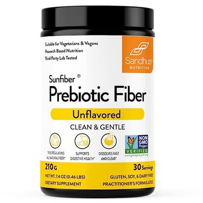Sandhus Prebiotic Fiber Supplement Powder -30 Servings- SunFiber -Low FODMAP Unflavored Supplement for Digestive Colon Health -- Gluten Free Powder - Supports Gut Health in Men Women