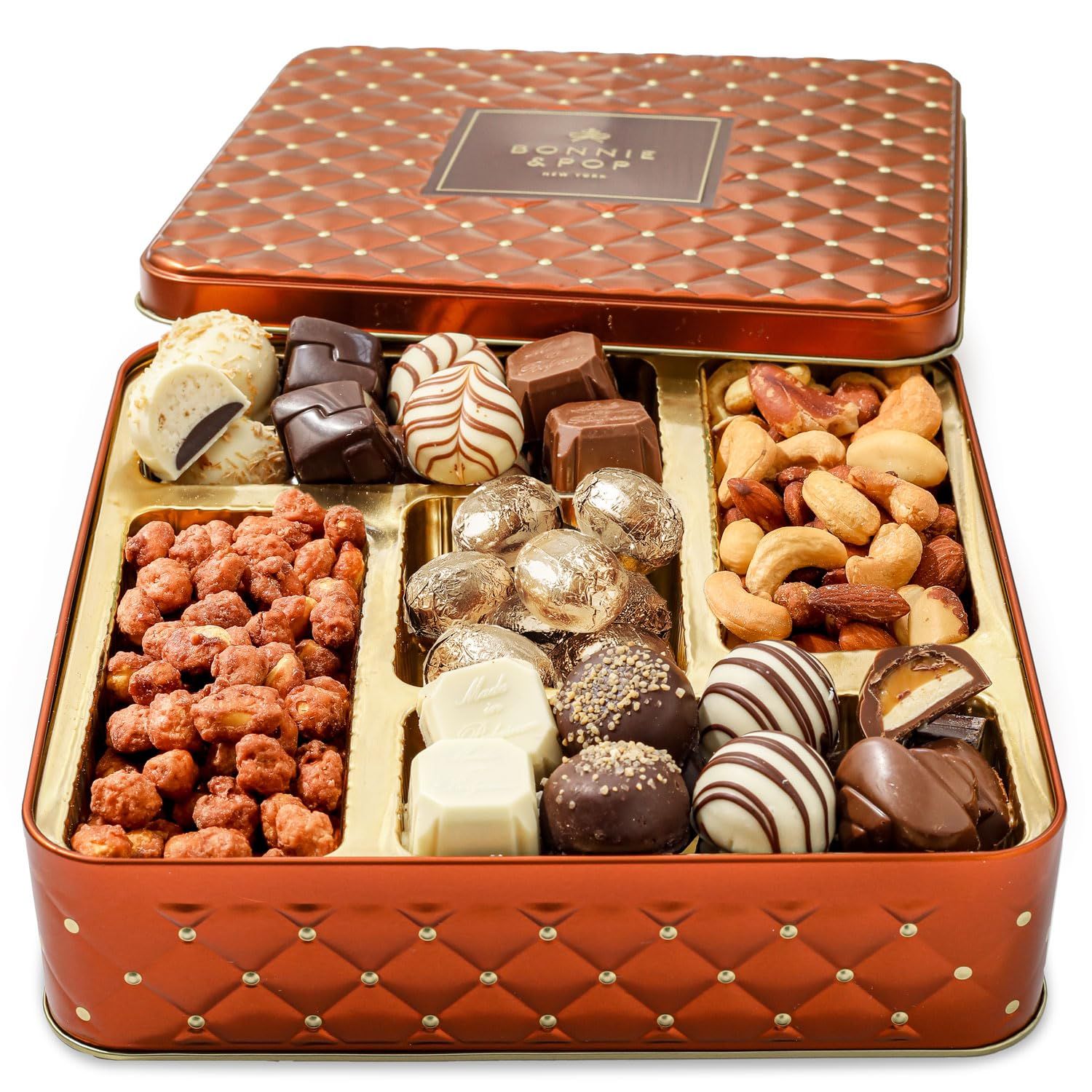 Easter Snack Assortment Gift Basket- Chocolate Easter Eggs, Candy and Nuts Gift Tin- Gourmet Treat Variety Present- Best Gift Idea for Men, Women, Kids, Family- Bonnie and Pop