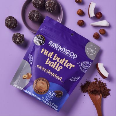 RAWMYGOD Cacao Hazelnut Nut Butter Balls, Gluten Free, Vegan, No Added Sugar, Pack of 4 pouches, 7 balls per resealable pouch