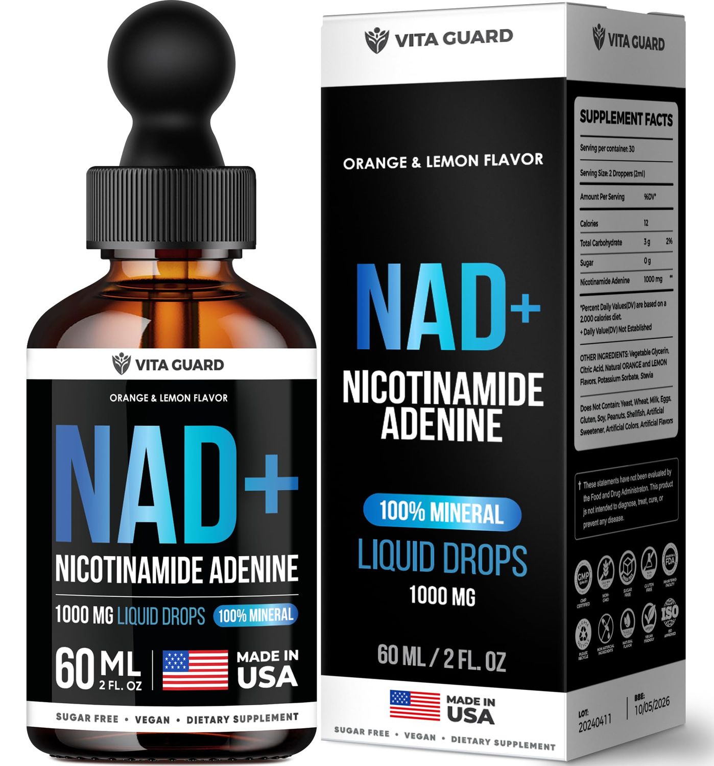 Vita Guard Pure NAD Supplements 1000mg Liquid Drops for Women Man Nicotinamide Adenine Similar to Nicotinamide Riboside NAD Plus Boosting Supplement - Natural Lemon Orange Flavor