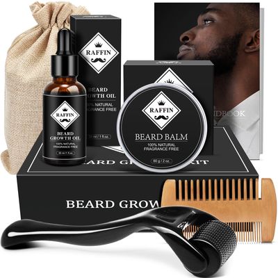 RAFFIN Beard Growth Kit, Beard Kit for Men with Beard Growth Oil, Balm, Comb, Massager for SpotPatchy Beard, Achieve Fuller, Thicker Healthier Beards, Gifts for Him Boyfriend Husband Dad