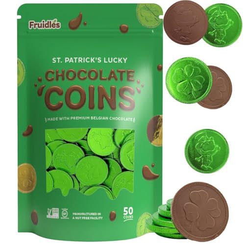 Saint Patricks Day 50 Clover Shamrock Leprechaun Chocolate Green Coins, Premium Belgian Nut-Free Milk Chocolate, Kosher, 50 Pack