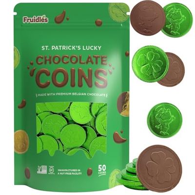 Saint Patricks Day 50 Clover Shamrock Leprechaun Chocolate Green Coins, Premium Belgian Nut-Free Milk Chocolate, Kosher, 50 Pack